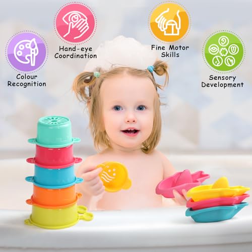11 PCS Toddler Bath Toys for Kids Ages 1-3 Baby Shower Toys Mold Free Bathtub Toys for 12-18 Months Pool Water Table Sand Toys Stacking Cups & Floating Boats for Kids 2-4 Christmas Stocking Stuffers
