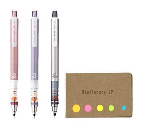 Uni Kuru Toga Auto Lead Rotation Mechanical Pencil Standard Model 0.5 mm, Body Color(Baby Pink/Violet/Silver), 3-pack, Sticky Notes Value Set