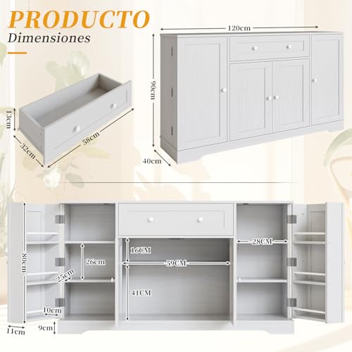 Alacenas para Cocina con Cajones, 4 Puertas y Estantes Regulables | Mueble Cocina 120x90x40CM de madera, base reforzada. Gabinete para Cocina, Bufetera Mueble y Credenza Bufetera. Blanco.
