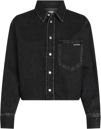 Camisa de ganga cropped de mulher com bolso no peito, preta (preto de ganga), M