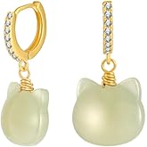 LOOYUUPEE Natural Jade Earrings Hetian Jade Handmade Earrings for Women Cat Shape Dangle Hoop Earrings Lucky Jewelry Gift for Women Girl Her (925 Sterling Silver with Gold Plated)