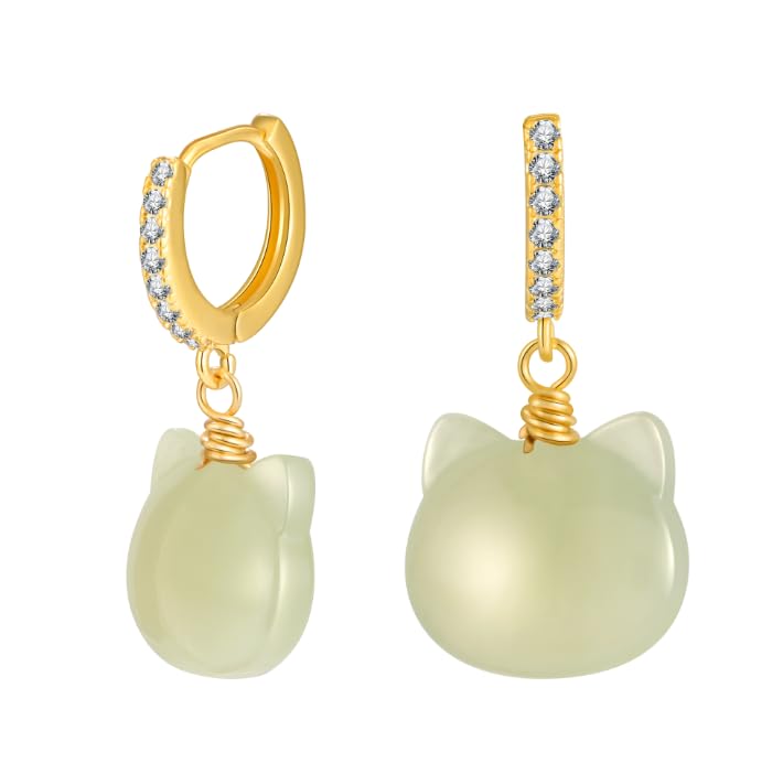 Photo 1 of LOOYUUPEE Natural Jade Earrings Hetian Jade Handmade Earrings for Women Cat Shape Dangle Hoop Earrings Lucky Jewelry Gift for Women Girl Her (925 Sterling Silver with Gold Plated)
