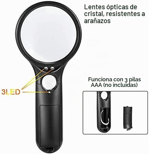 Lupa con Luz LED de Mano, Lupa de Lectura con Aumento de 3X y 45X