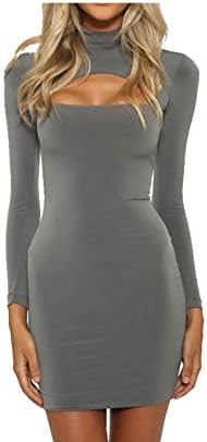 Mywine Women Fullsleeve Solid Color Chic Elegant Sexy Stand Collar Hollow Out Mini Evening Party Dresses