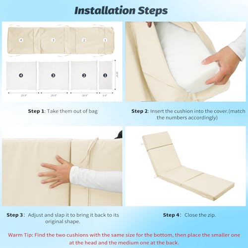 VOGVOG 2 Pack Outdoor Chaise Lounge Cushions 72"x21"x3", 4-Section Folding Patio Chair Pads with Ties, Waterproof Fade Resistant Replacement Cushion for Pool Deck Patio (Beige, 2 Pcs)