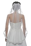 1T 1 Tier Floral Scallop Embroided Lace Pearl Veil Fingertip Length 36