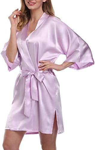Women's Short Kimono Robe Pure Color Silky Bathrobe Bridal Party Dressing Gown