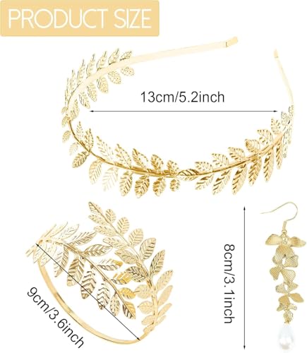 5 Pieces Greek Goddess Costume Accessories Set, Greek Goddess Accessories With 1 Pcs Golden Leaf Crown Headband, 2 Pcs Dangle Earrings and 2Pcs Armband Bracelet for Bridal Bridesmaid Wedding Party