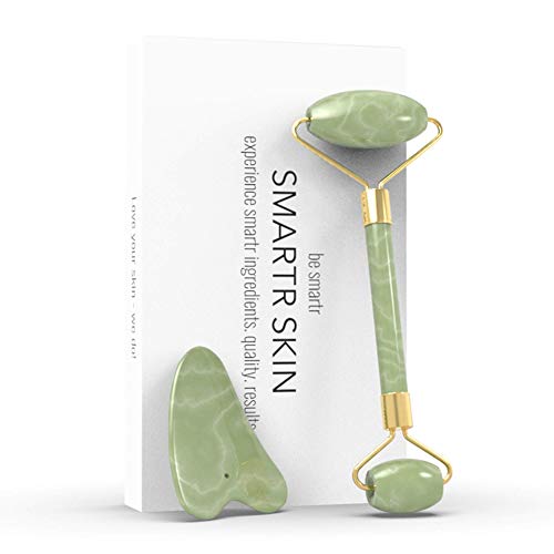 Jade face roller for Women with gua sha facial tool By SMARTRSKIN- Rejuvenate Face Neck And Eyes by Double Sided Skin Tightening massager Therapy – Natural Skincare Anti Aging Facial Treatment – Green