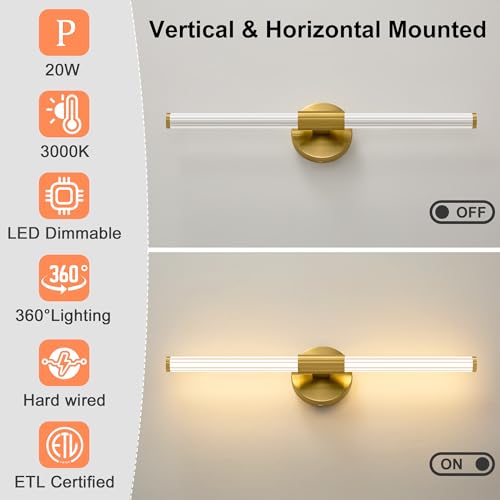 Dimmable LED Oro Baño Vanidad Luces 360 ° Iluminación Completa Baño Lámparas Sobre Espejo 22 pulgadas Moderno Vanidad Barra de Luz Luz Cálida | Luz de baño brillante de 360°, luz de cambiador regulable, aplique de pared con cable 3000 K, blanco cálido para espejo