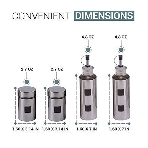 Salt and Pepper Shakers & Vinegar and Olive Oil Dispensers for the Kitchen - Airtight Glass Condiment Jars & Refillable Bottles for Cooking - 4 Pc Set Covered in Elegant Protective Stainless Steel