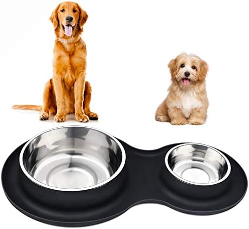 AOOKEY Dog Bowls Non Slip Stainless Steel Double Pet Bowls Anti-overflow Pet Water & Food Feeder Silicone Tray Mats for Puppy, Dogs, Cats, Pets