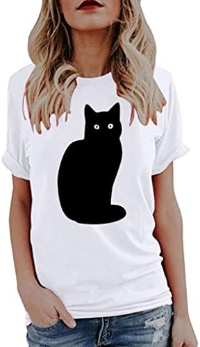 LANSKIRT Cute Cat Print T-Shirts Ladies Summer Short Sleeve Plus Size Fashion Blouse Round Neck Tops Women's Sale Slim Fit Vintage Shirts Black