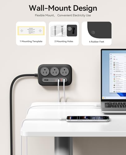 ORICO Regleta Multicontacto Supresor de Picos y PD20W, 3M Extension Electrica con 6 Salidas CA y 4 USB (2 USB-C), Conector Múltiple con Enchufe Plano, Pared y Escritorio para Hogar/Oficina - OG