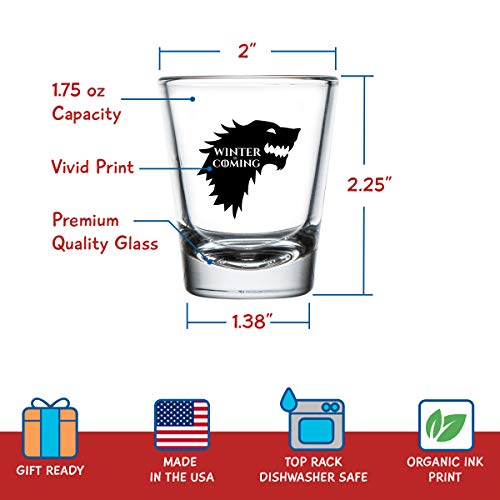 Game of Thrones Inspired Shot Glasses Set of 4 (1.75 oz)- Royal House of Westeros Sigils Stark, Bratheon, Lannister, Targaryen- Gift for Dad, Men, Friends, Him or GOT Fan- Made in USA- Fun Watch Party