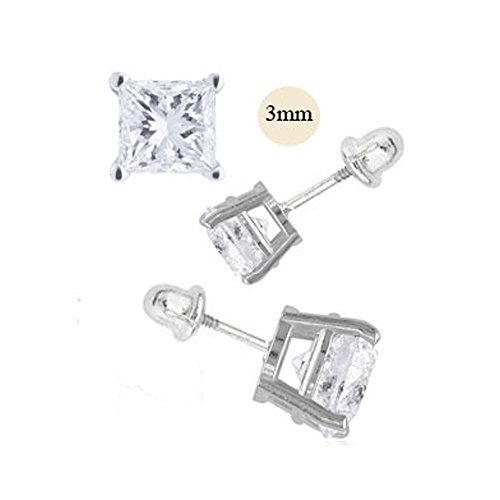14K White Gold 3mm Princess Cut Simulated Diamond Stud Earring Set on Prong Setting, Screw Back Post