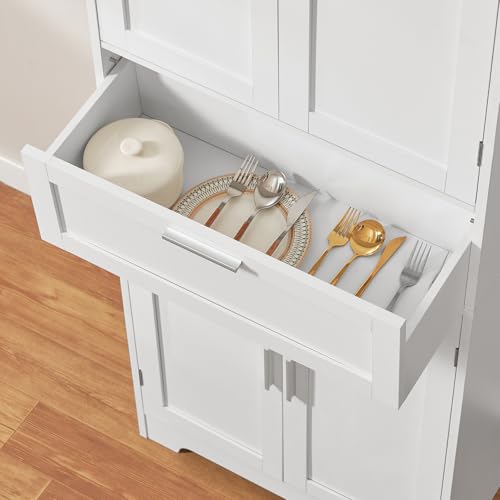 FIONESO 67" Tall Pantry Cabinet, Kitchen Pantry Storage Cabinet with 1 Large Drawer & 2 Adjustable Shelves, Freestanding Cupboard Buffet for Kitchen, Bathroom, White