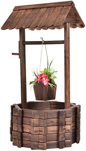Outdoor Stylish Rustic Home Decor Durable Burn Solid Fir Wood Finish Wishing Well Bucket Flower Plants Planter Lawn Backyard Patio Garden Hanging String