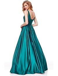 Zhongde vestido de fiesta de satén con cuentas y cuello en V para mujer, vestido largo formal de noche con bolsillos