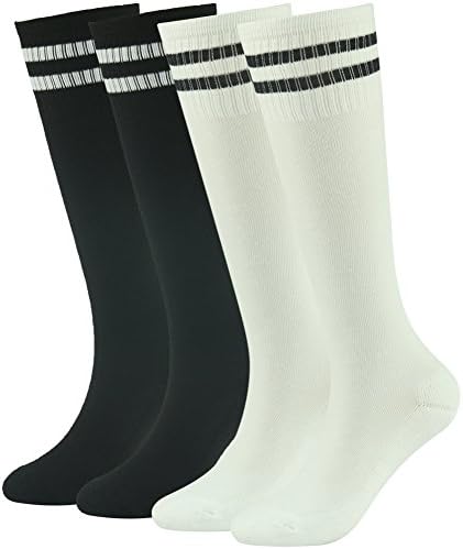 Teens Soccer Socks Lucky Commerce Boys Girls Cotton Knee Long Team Socks Children Sport 4-Pair White&amp;Black