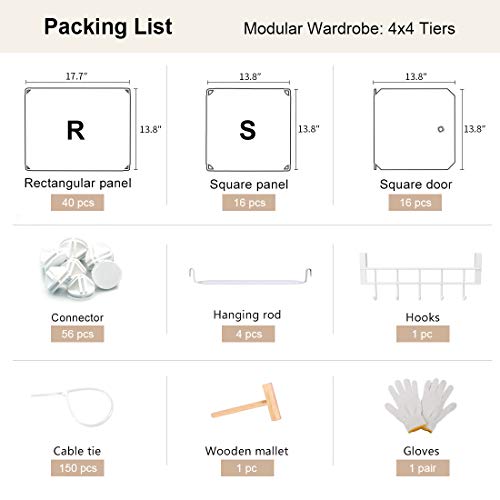 GEORGE&DANIS Portable Wardrobe Plastic Modular Closet Organization Customizable Cube Storage Organizer Bedroom Armoire Dresser, White, 4x4 Tiers