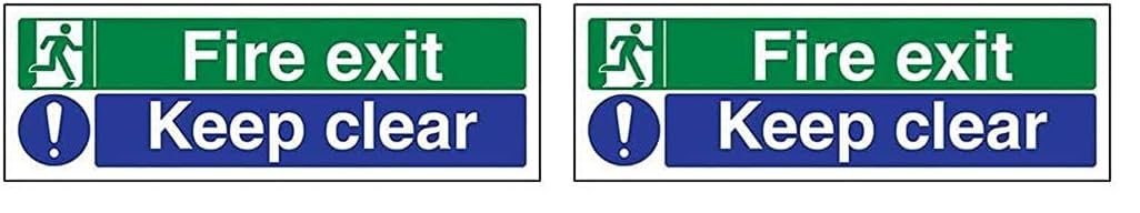 VSafety Fire Exit/Keep Clear Sign - Landscape - 300mm x 100mm - 2mm Rigid Plastic (Pack of 2)