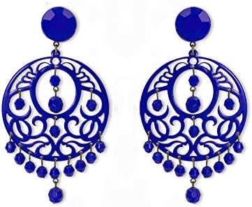 Ole Ole Flamenco Earrings Blue Acetate with Little Balls Hanging Spanish for Women and Teenagers Special for Dance Tablao (for pierced ears) Zarcillos Flamenco