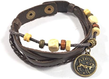 One Hundred Wood Aries Astrology Horoscope Bracelet Fashion Jewelry Made of Braided Leather with Brass Zodiac Charm and Adjustable 2-Snap Fastener is Unisex for Men and Women (Aries)