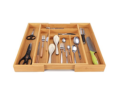 Bamboo Expandable Cutlery Drawer Organizer - Kitchen Utensil 8 Compartment Storage Wooden Flatware Holder, Cutlery Tray Adjustable Kitchen Drawer