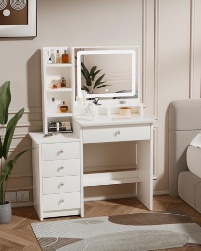 Vanity Desk, Makeup Table with Mirror and Lights, 90cm White Dressing Table, Five Drawers