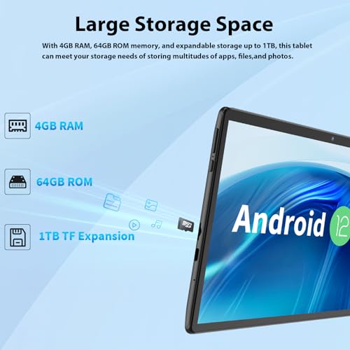 Android Tablet, 10.1 Inch Android 12 Tablet with 8000mAh Battery, 4GB