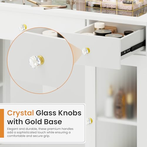 Pamapic Makeup Vanity Desk with Mirror and Lights, LED Light Strip Vanity with Glass Top, Crystal Knobs and Translucent Cabinet Doors, 3 Lighting Modes White Vanity with 3 Drawers