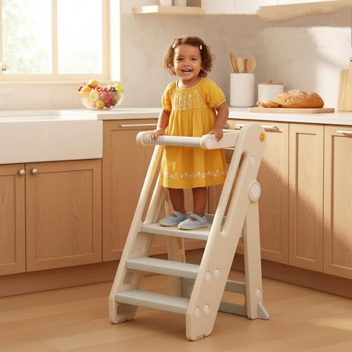 Beauenty Learning Tower, Foldable Children'S Kitchen Step Stool, Adjustable Height Step Ladder Montessori Kids Standing Tower, With Handles, Safty Rail, For Kitchen Counter Bathroom Sink Child Ladder
