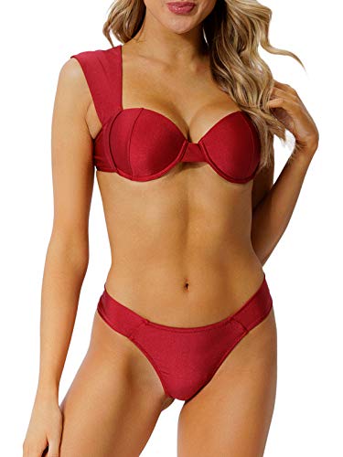 Peddney Push Up Bikini Swimwuit for Women High Cut Triangle Bikini Two Piece Bathing Suit Red Wine