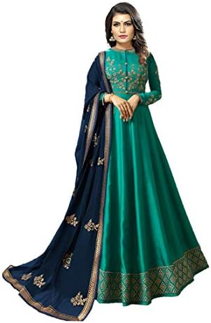brings Women's Silk Embroidered Long Anarkali Style Semi Stitched Gown(Turquoise Color_MSM8073) Free Size