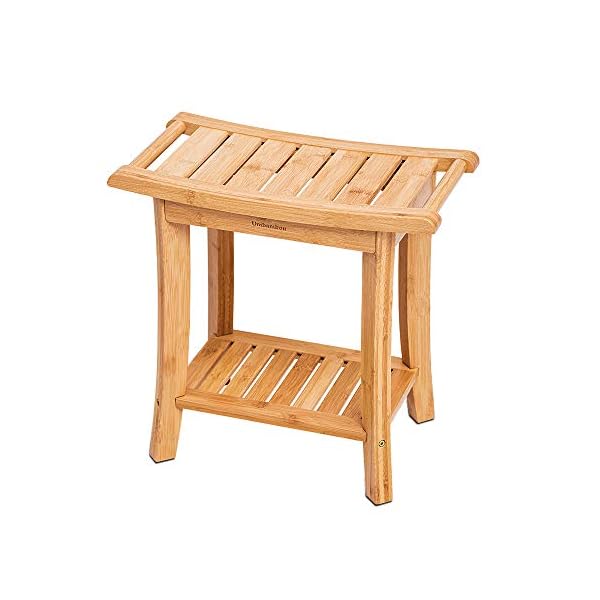 Unibambou Bamboo Shower Bench with Storage Shelf, Wooden Spa Bath Deluxe Organizer Shower Stool for Inside Shower Waterproof, Bathroom Bench Seat for Adults Elderly Seniors for Indoor or Outdoor Use