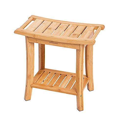 Unibambou Bamboo Shower Bench with Storage Shelf, Wooden Spa Bath Deluxe Organizer Shower Stool for Inside Shower Waterproof, Bathroom Bench Seat for Adults Elderly Seniors for Indoor or Outdoor Use