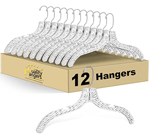 Quality Clear Plastic Hangers 12 Pack - Durable Crystal Cut Heavy Duty