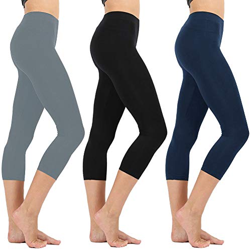 High Waisted Soft Capri Leggings for Women-Tummy Control and Elastic Opaque Slim-One/Plus Size 20+Design  (Black/Navy/Gray, ONE Size (US 2-12))