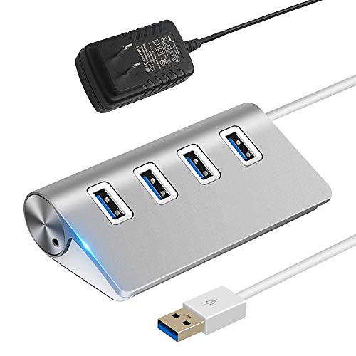 2win2buy USB Hub,4 Port USB Splitter 3.0 Data Transfer Aluminum Extender with 5V 2A Power Adapter Compatible with PS4 Pro Slim MacBook Air, Mac Mini, Laptop, PC,Computer,Flash Drive (Silver)