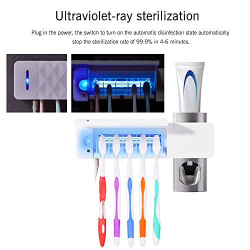 ALLOMN Toothpaste Dispenser and Toothbrush Holder, UV Toothbrush Sterilizer Holder Wall Mount Automatic Toothpaste Dispenser with Toothbrush Holder USB Powered (White)