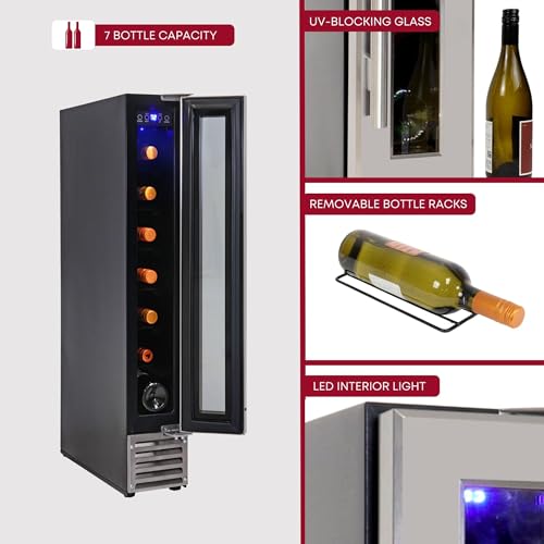 Koolatron Wine Fridge - Under Counter Wine Cooler, 7 Bottle Chiller, Built in 6-inch Cabinet for Champagne, Red & White Wine, Bar, Freestanding Cellar, Black (18 L)
