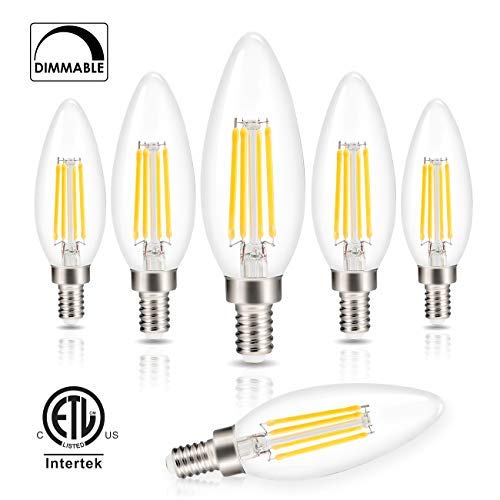 Candelabra LED Bulbs Filament Dimmable Vintage Edison Light Bulb Chandelier,Daylight 5000k,40 Watt Equivalent,400 Lumen,E12 Base,6 Pack