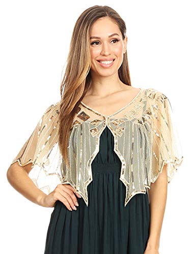 Anna-Kaci Women's 1920s Shawl Evening Cape Sparkly Sequin Deco Paisley Flapper Bolero, Beige, One Size - Thumbnail 7