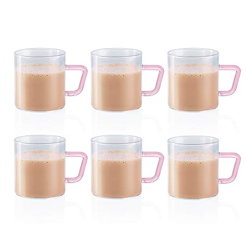 Borosil Vision Tea N Coffee Glass Mug Set of 6 Microwave Safe, Pink