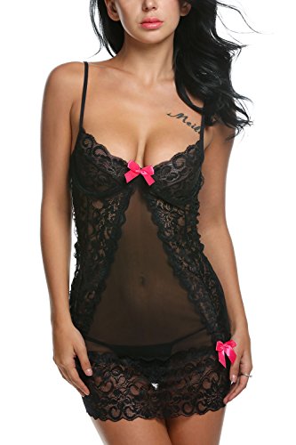 Avidlove Bow-knot Lace Cross Straps Hollow Out Chemise With G-string Babydoll