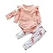 3Pcs Baby Girl Pink Ruffle Romper Long Sleeve Bodysuit Tops Flamingo Pants and Headband Outfits Set (Pink, 0-6 Months)