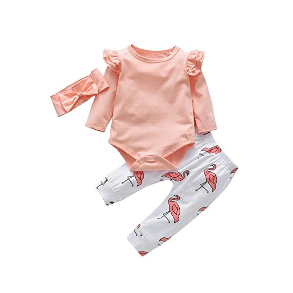 3Pcs Baby Girl Pink Ruffle Romper Long Sleeve Bodysuit Tops Flamingo Pants and Headband Outfits Set - Image 4