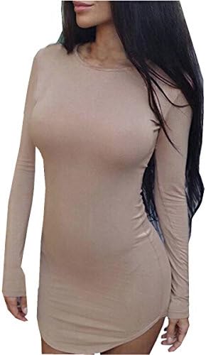 UGET Sexy Long Sleeve Irregular Hem Dress Beach Mini Shirt Tunic Dress US M/Tag XL Khaki