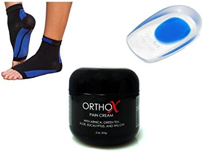 Heel Pain Fix Plantar Fasciitis support, includes zoned compression sock, gel heel cups, Ortho X Pain Cream combination (Medium)